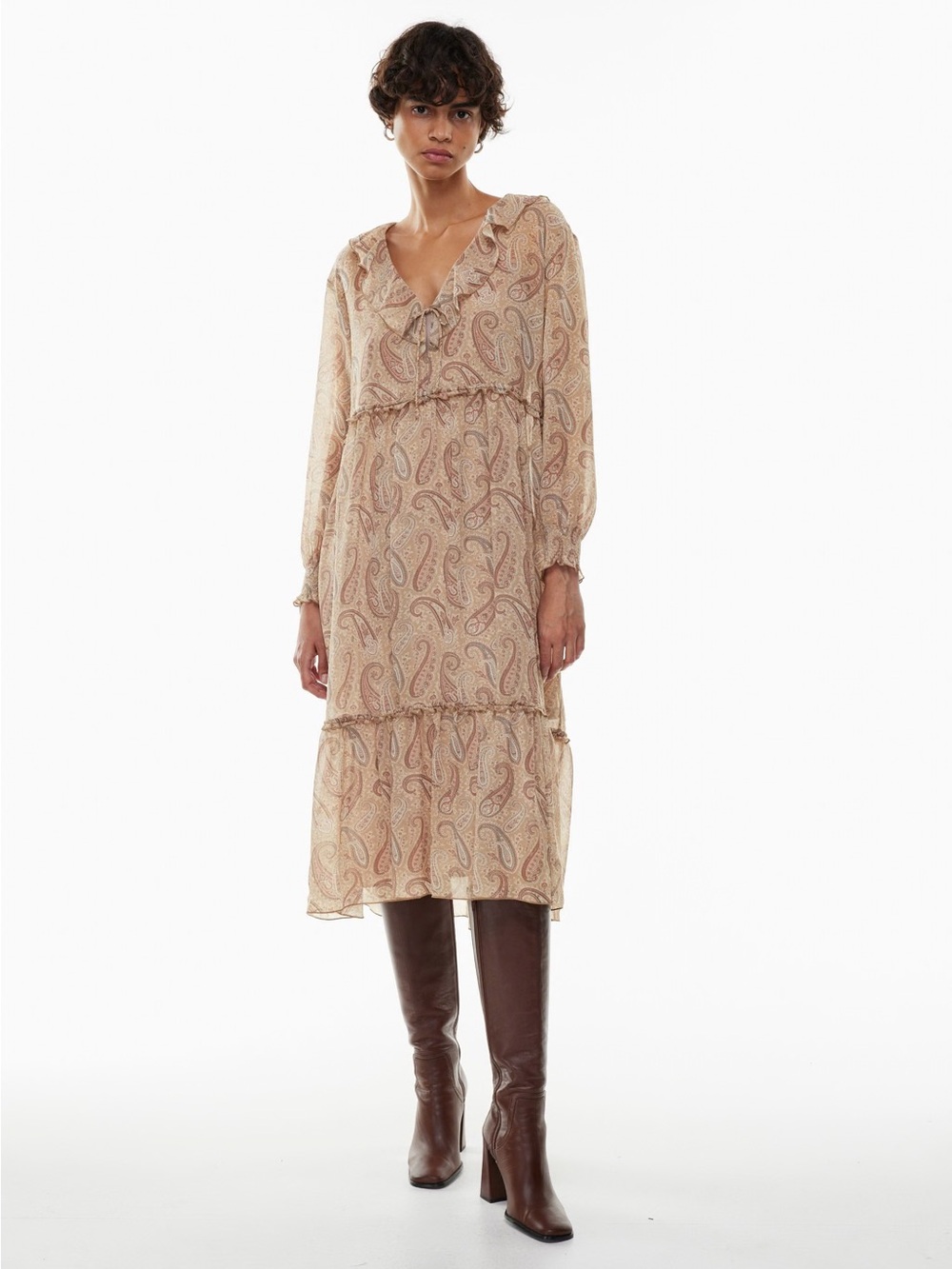 NWT Aritzia Wilfred Julia Sheer Midi Dress- Gold Carmel/Light Birch